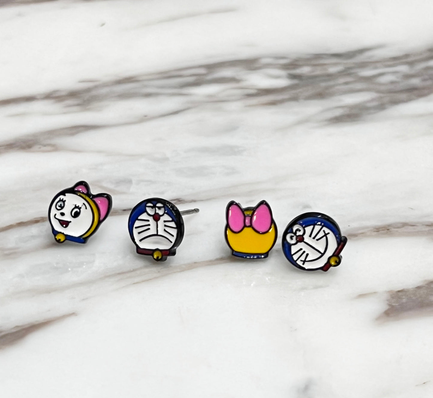 Doraemon & Dorami-Inspired Silver Post Earrings — 4-Piece Handmade Set