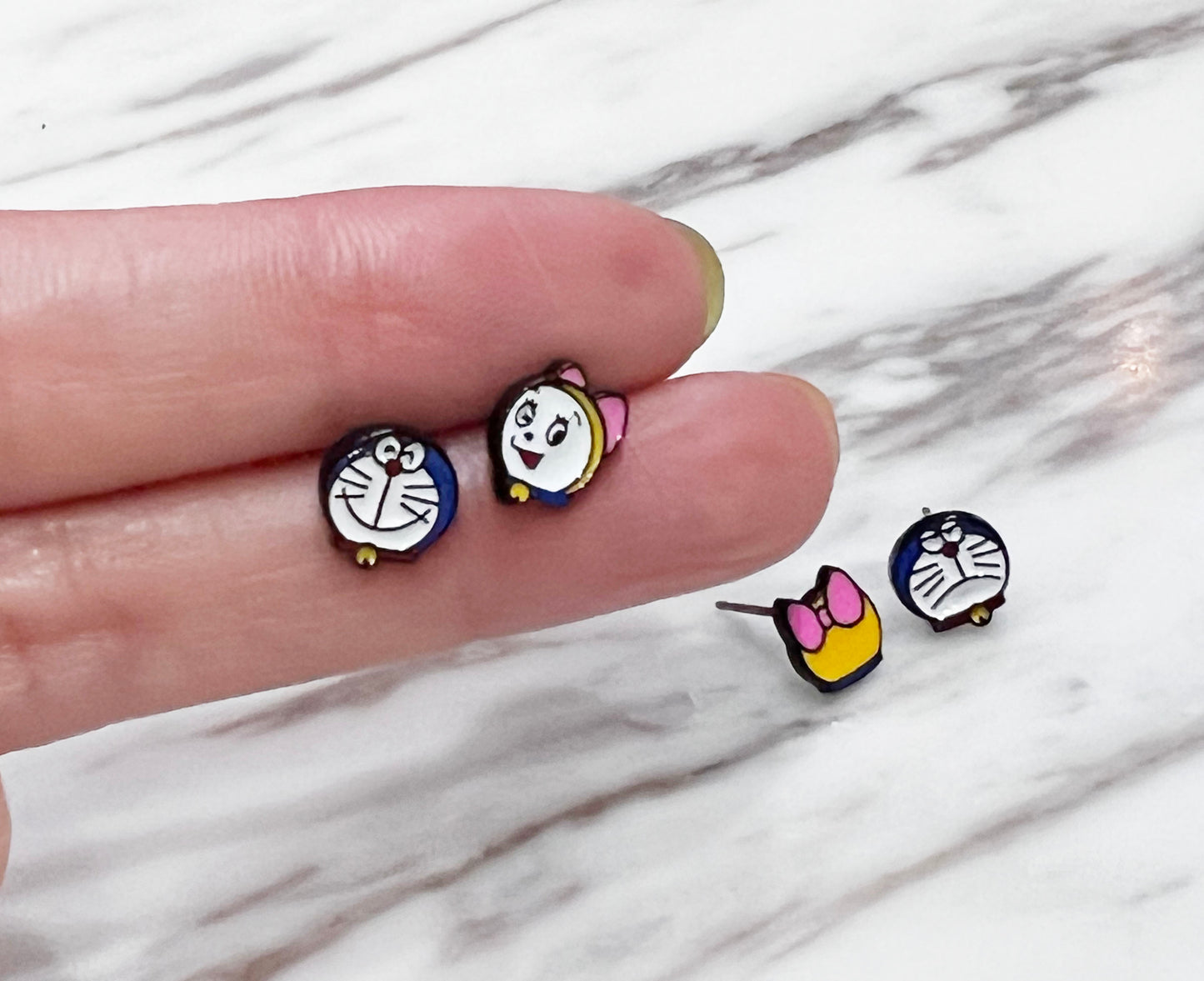 Doraemon & Dorami-Inspired Silver Post Earrings — 4-Piece Handmade Set