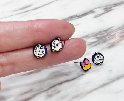 Doraemon & Dorami-Inspired Silver Post Earrings — 4-Piece Handmade Set