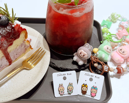 Cute Labubu Bunny Stud Earrings - Silver Post Kawaii