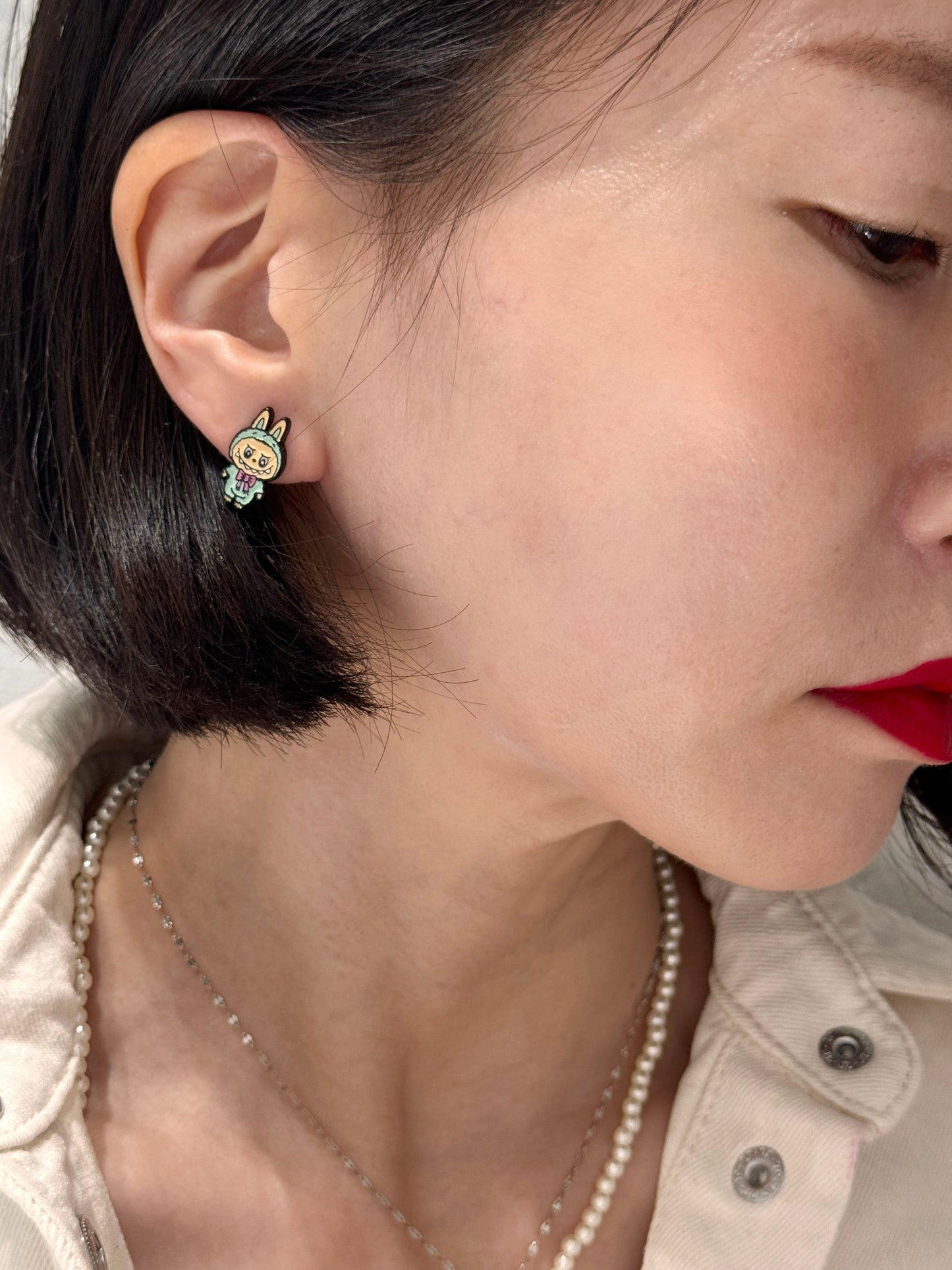 Cute Labubu Bunny Stud Earrings - Silver Post Kawaii