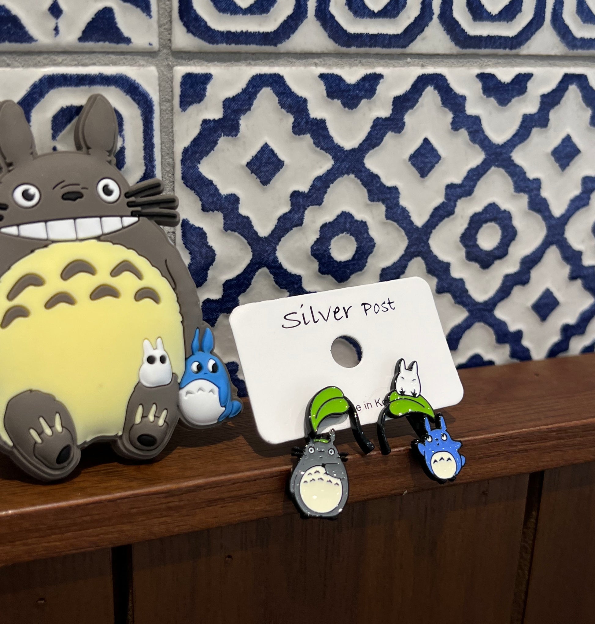 Totoro inspired drop earrings with Totoro figure display