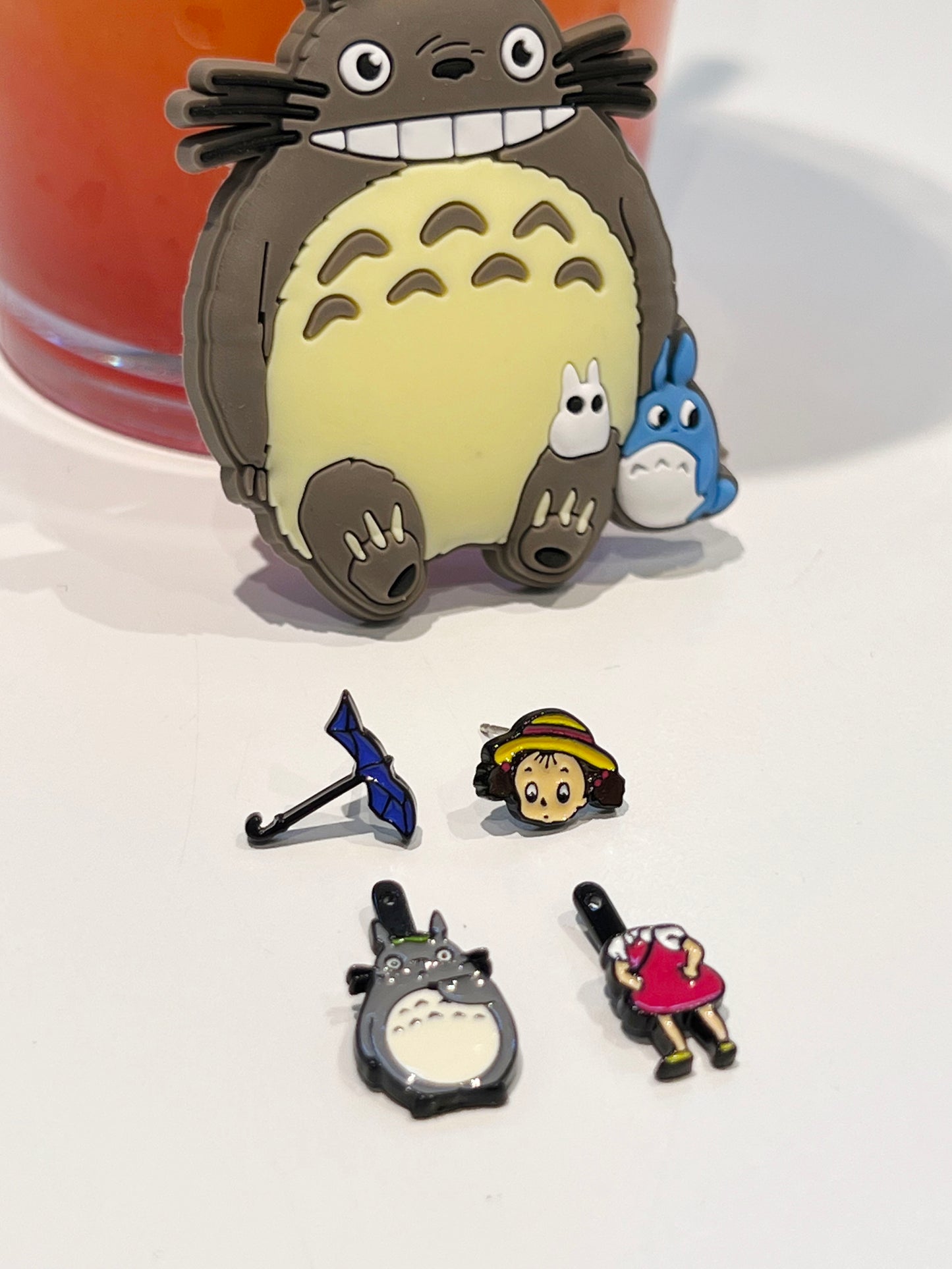Totoro with umbrella and Mei character earrings separated, Korean handmade brass enamel studs