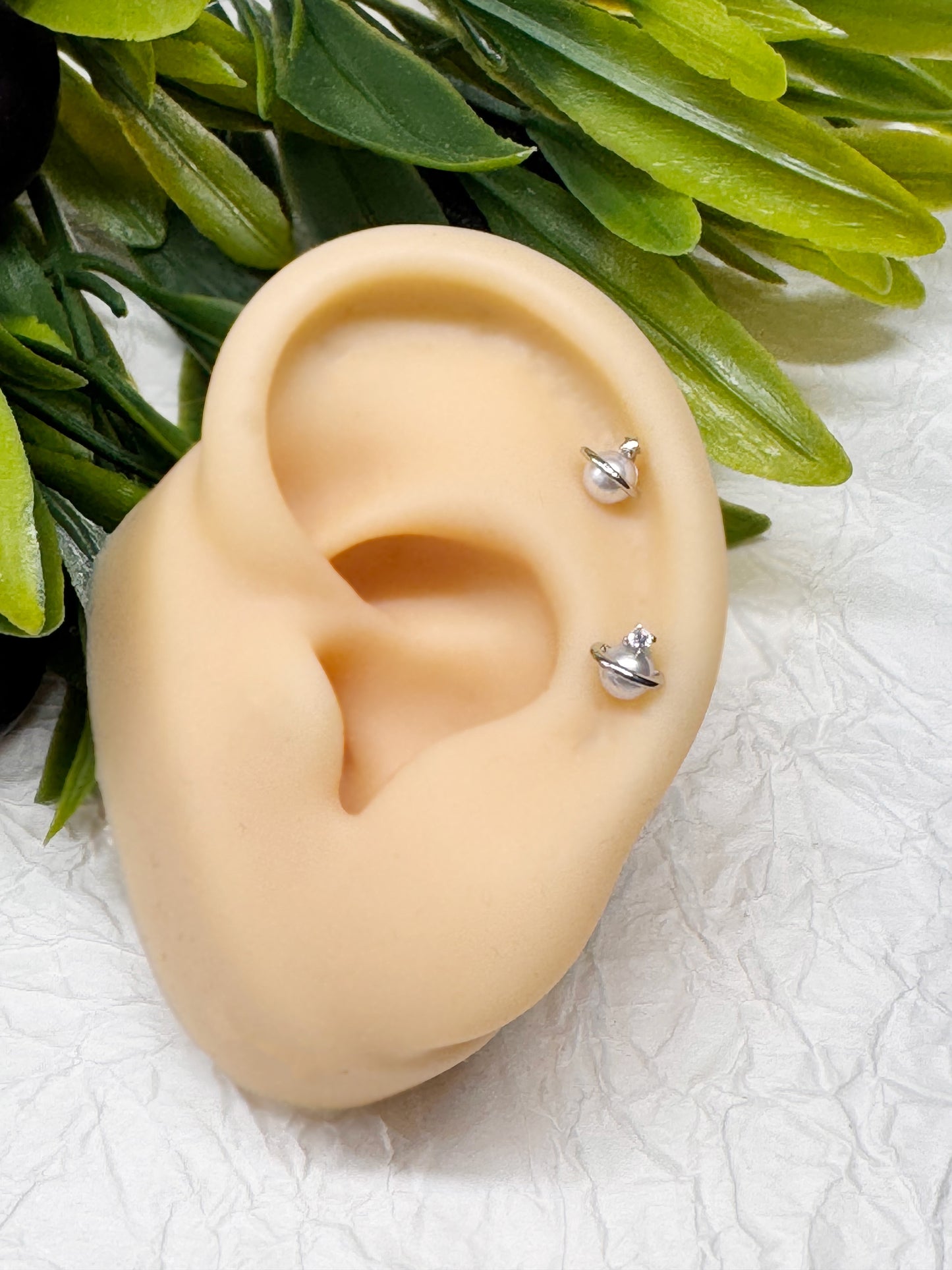 Faux Pearl Cubic Planet Piercing,Surgical Steel Inner Conch Helix Jewelry, Modern Layered Ear Curation Minimal,Saturn Planet piercing