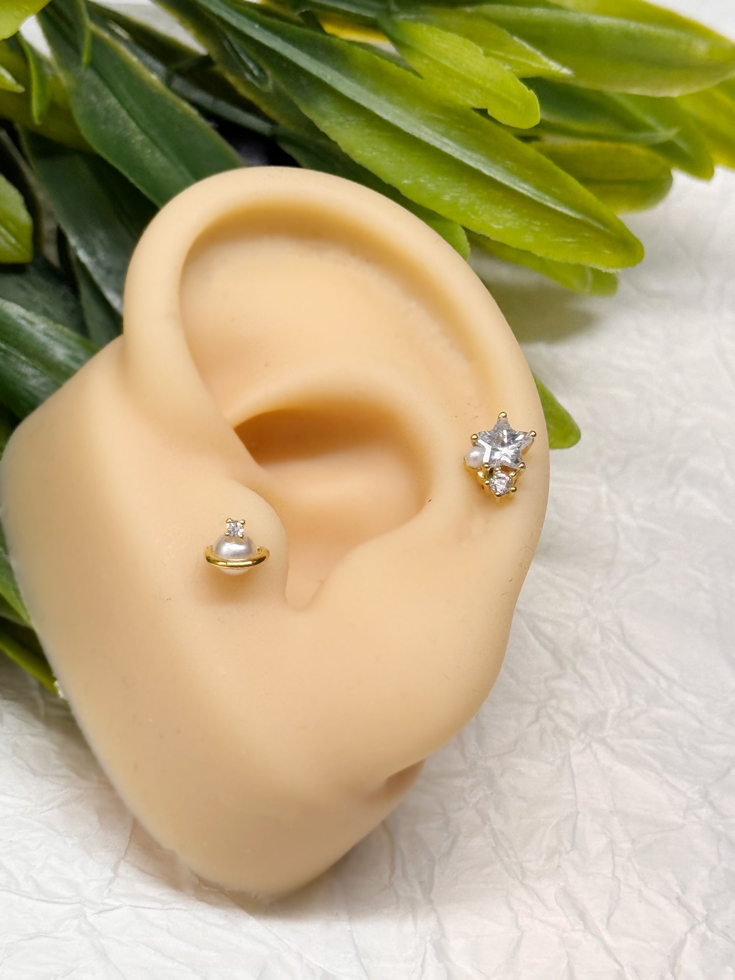 Faux Pearl Cubic Planet Piercing,Surgical Steel Inner Conch Helix Jewelry, Modern Layered Ear Curation Minimal,Saturn Planet piercing