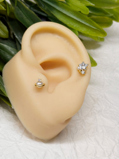 Faux Pearl Cubic Planet Piercing,Surgical Steel Inner Conch Helix Jewelry, Modern Layered Ear Curation Minimal,Saturn Planet piercing