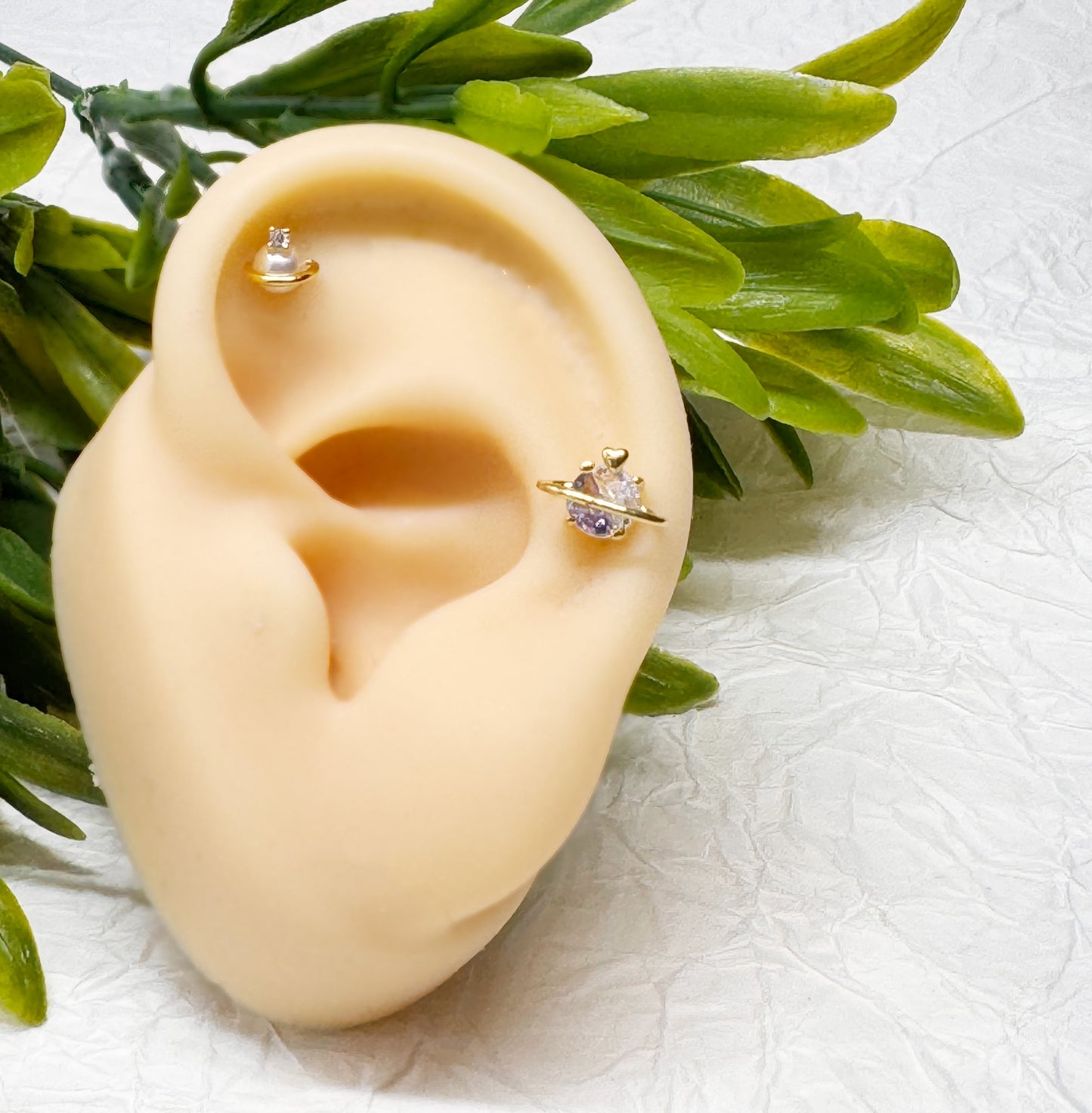 Faux Pearl Cubic Planet Piercing,Surgical Steel Inner Conch Helix Jewelry, Modern Layered Ear Curation Minimal,Saturn Planet piercing