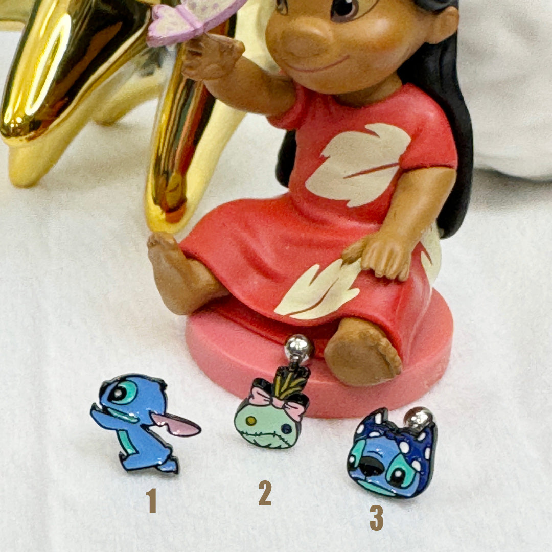 Lilo & Stitch inspired barbell earrings - Stitch, Scrump, and Angel designs displayed with Lilo figure
