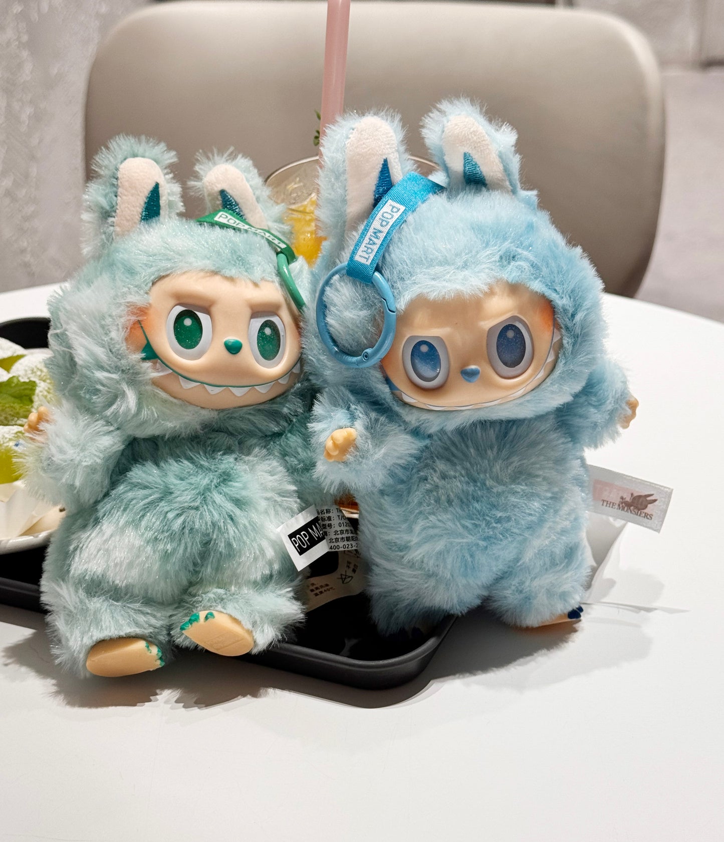 Fluffy Monster Plush Keychain — Labubu Inspired, Cute Bag Charm (Green / Blue)