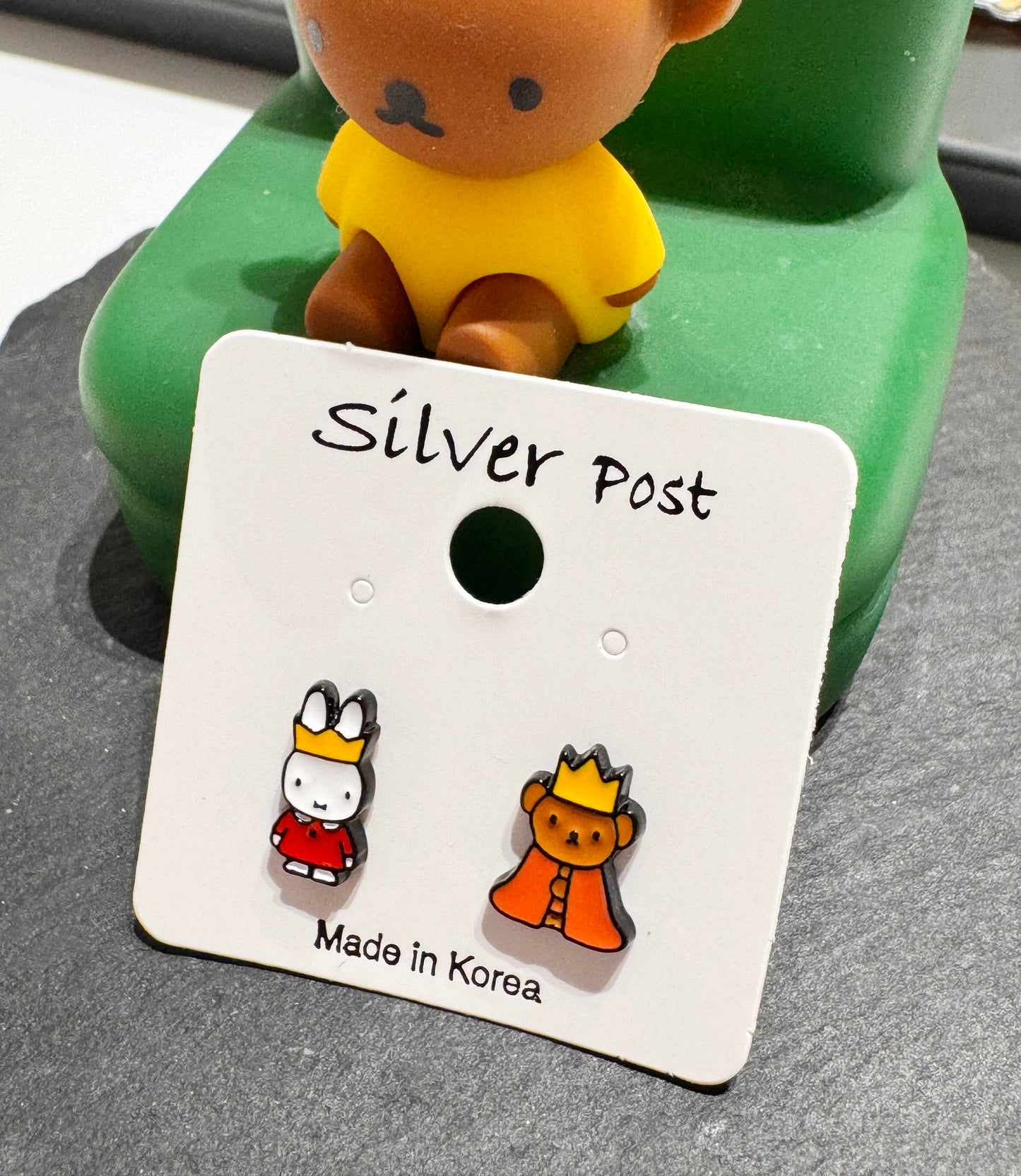 Miffy Inspired Bunny & Bear Earrings — Handmade Mismatched Silver Post Studs