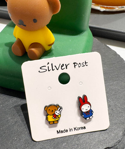 Miffy Inspired Bunny & Bear Earrings — Handmade Mismatched Silver Post Studs