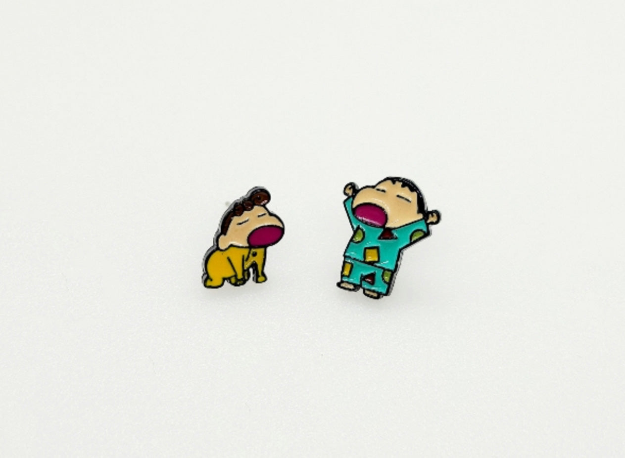 Yawning Shin-chan and yellow pajama Himawari enamel stud earrings top view