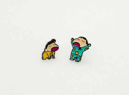 Yawning Shin-chan and yellow pajama Himawari enamel stud earrings top view