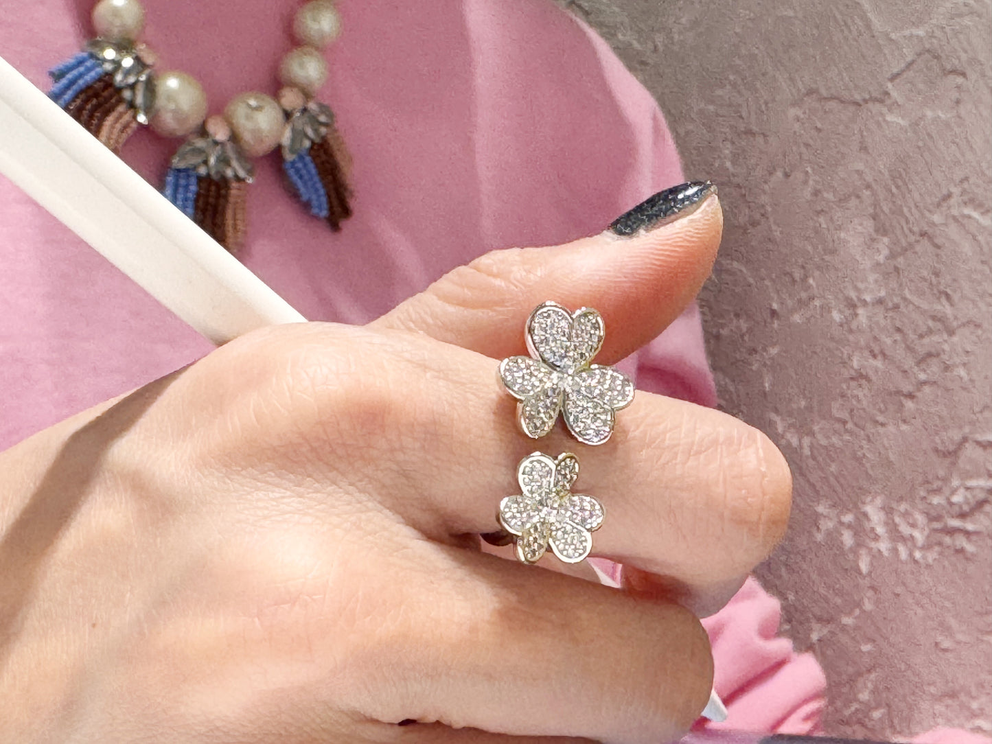 Lucky Clover Pavé Adjustable Ring — Sparkling Statement Cocktail Ring for Women, Gold Silver Rose Gold, Luxury Four-Leaf Clover Jewelry Gift