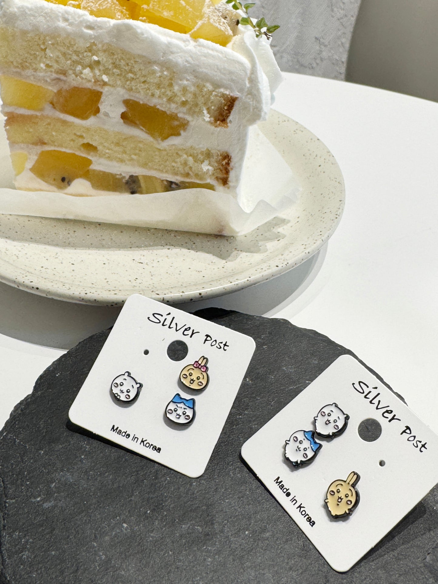 Chiikawa-Inspired Silver Stud Earrings Set, 2 Type Bunny, Cat, Hamster