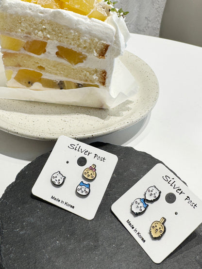 Chiikawa-Inspired Silver Stud Earrings Set, 2 Type Bunny, Cat, Hamster