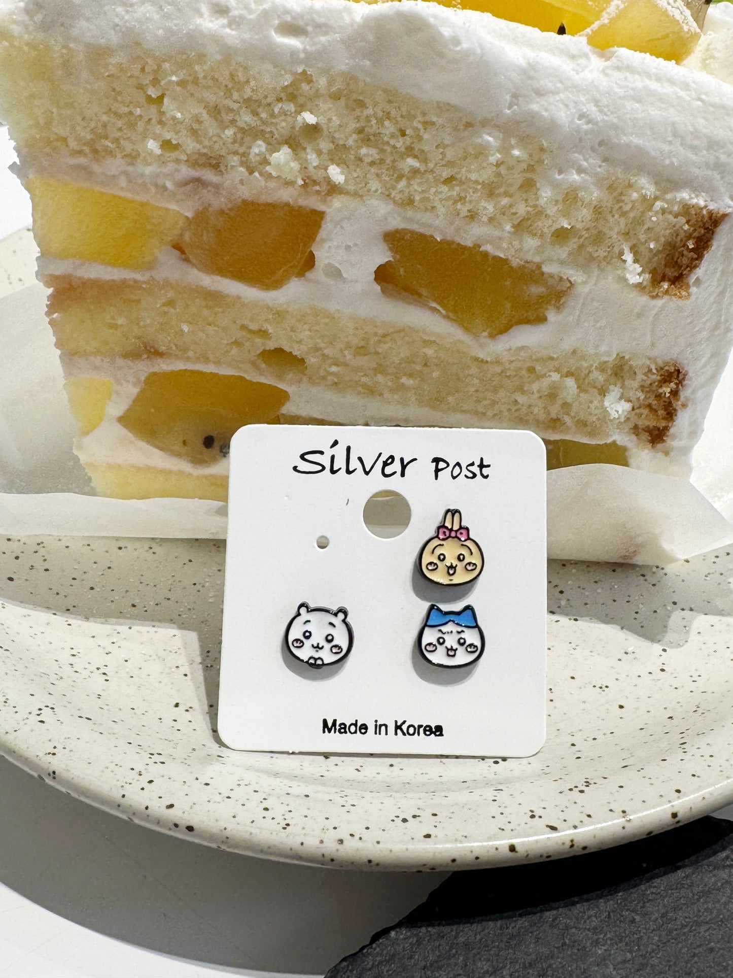 Chiikawa-Inspired Silver Stud Earrings Set, 2 Type Bunny, Cat, Hamster