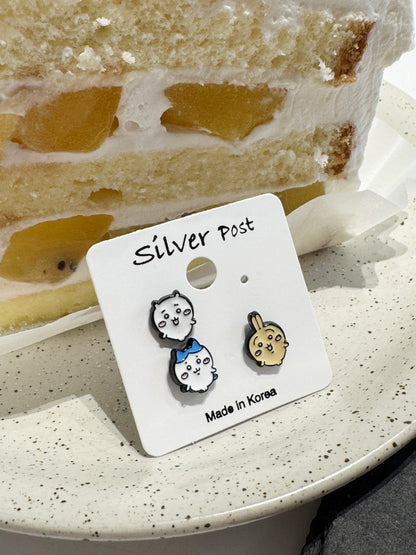 Chiikawa-Inspired Silver Stud Earrings Set, 2 Type Bunny, Cat, Hamster