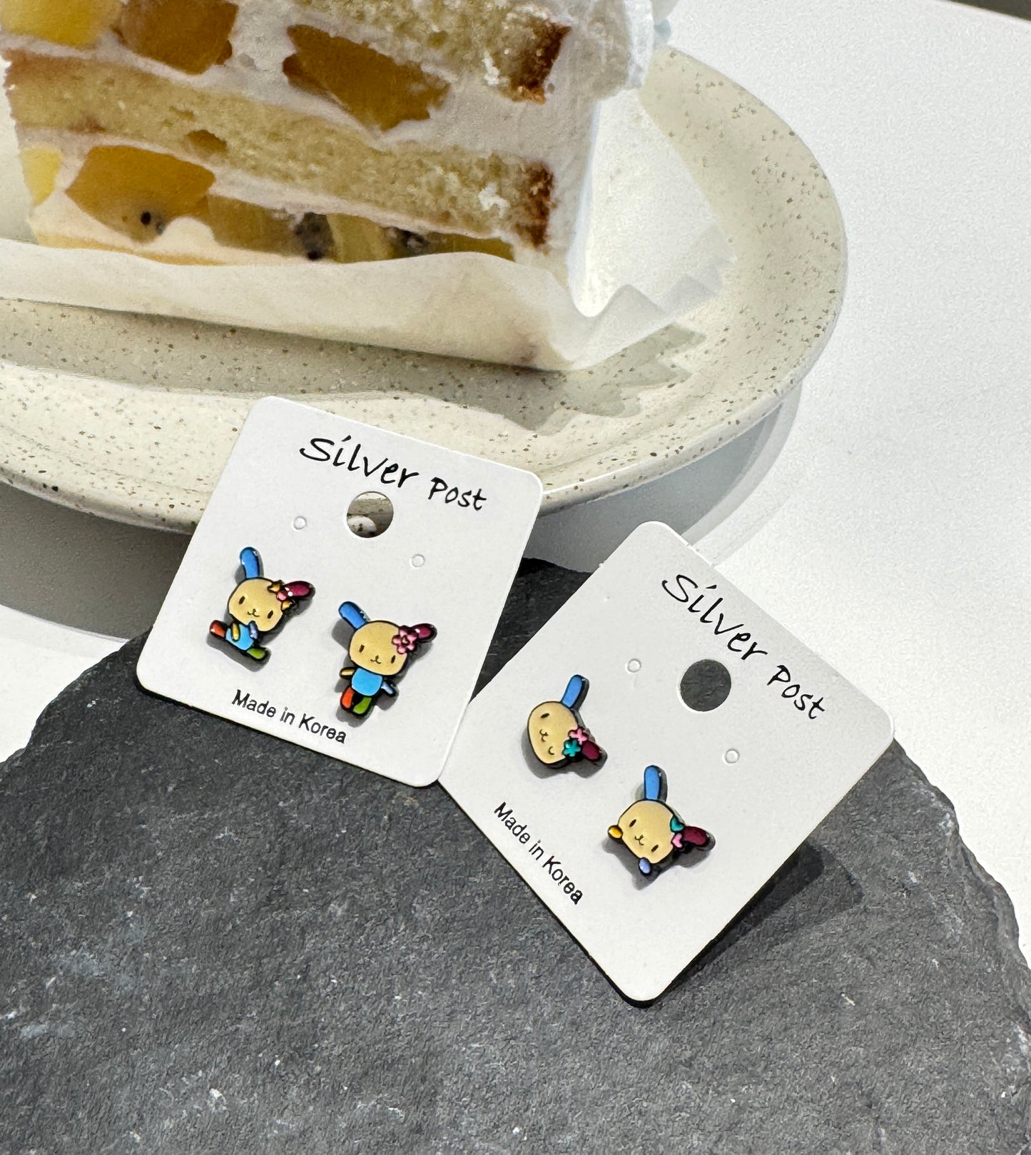 Usahana Style Asymmetric Bunny Earrings – Sterling Silver Post, Handmade Cute Character Studs