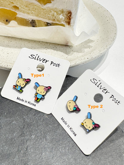 Usahana Style Asymmetric Bunny Earrings – Sterling Silver Post, Handmade Cute Character Studs