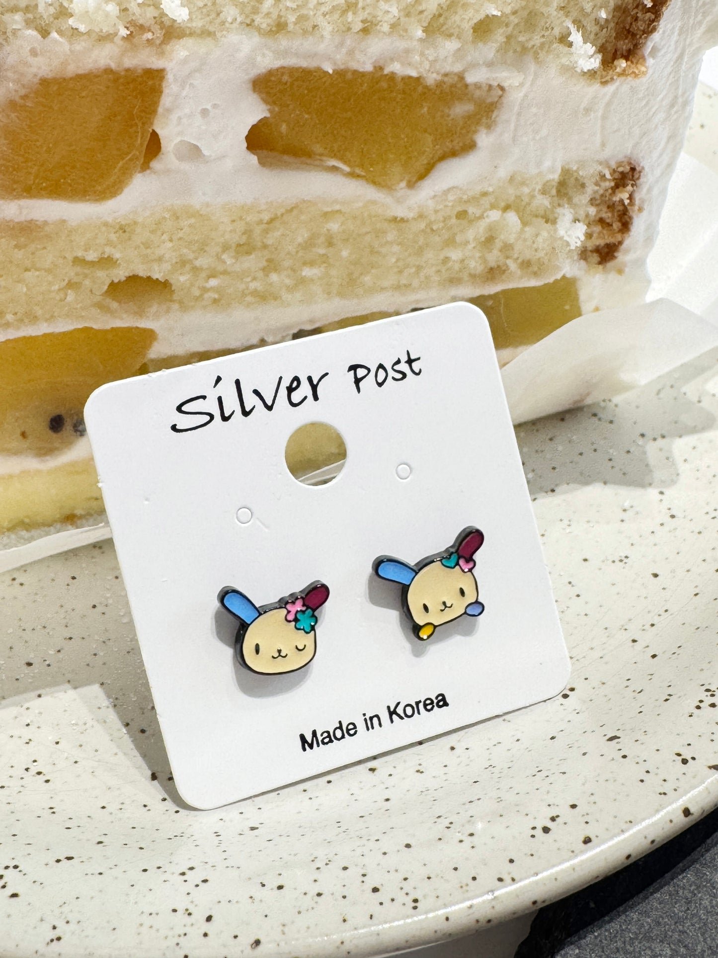 Usahana Style Asymmetric Bunny Earrings – Sterling Silver Post, Handmade Cute Character Studs