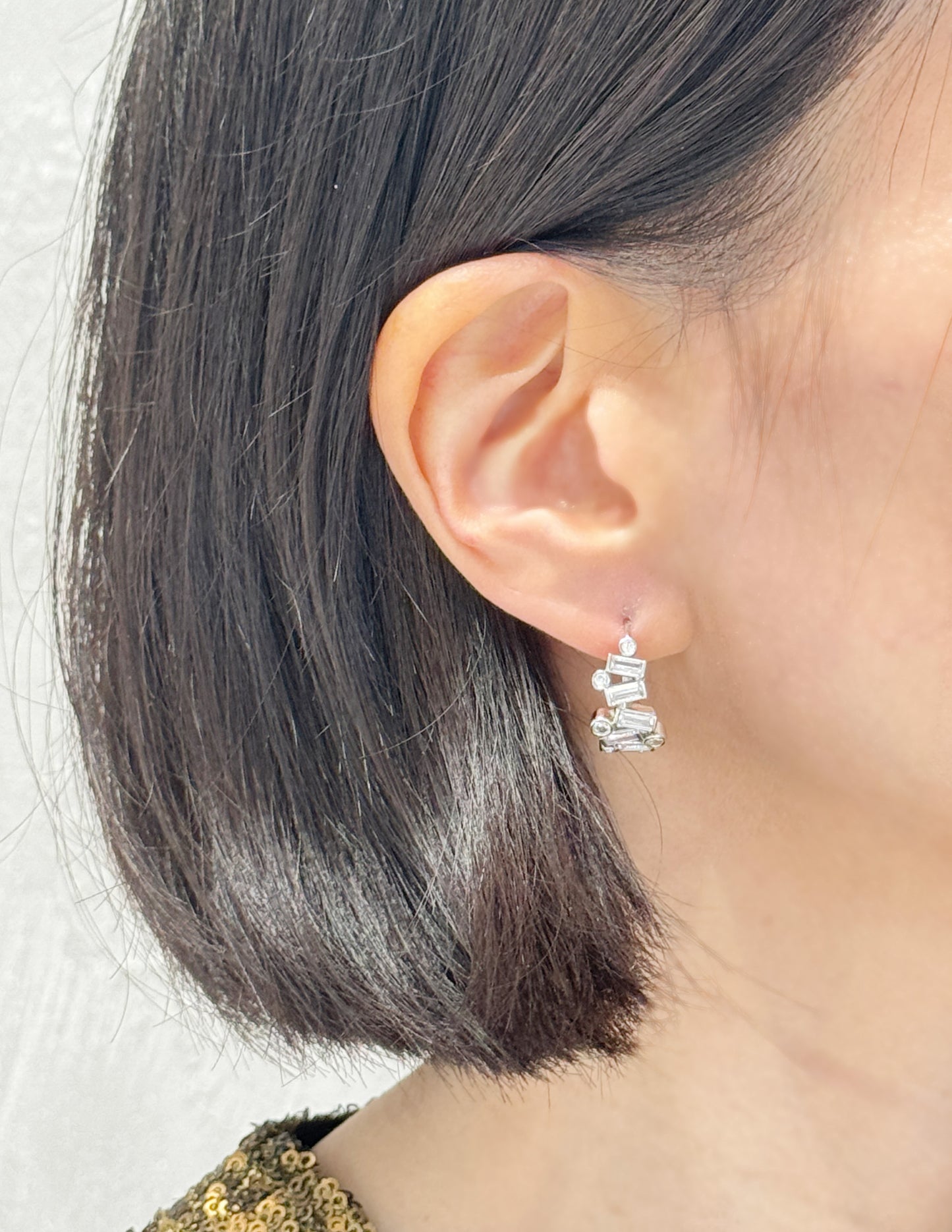 Geometric Bezel Setting Huggie Hoop Earrings - Brass Silver Post