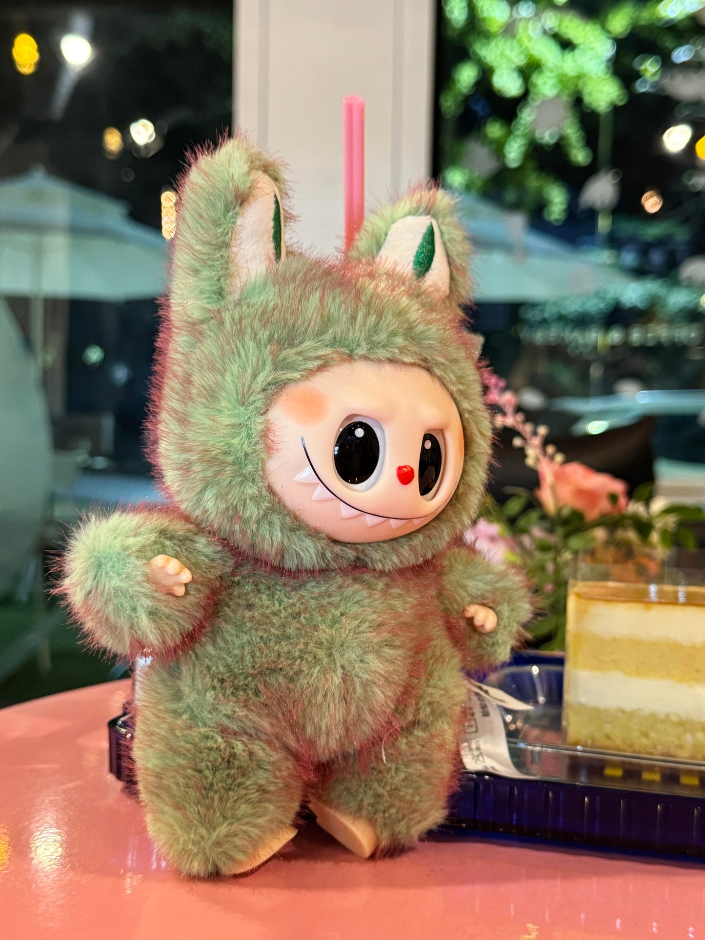 Labubu dragon plush keychain with bunny ears front view