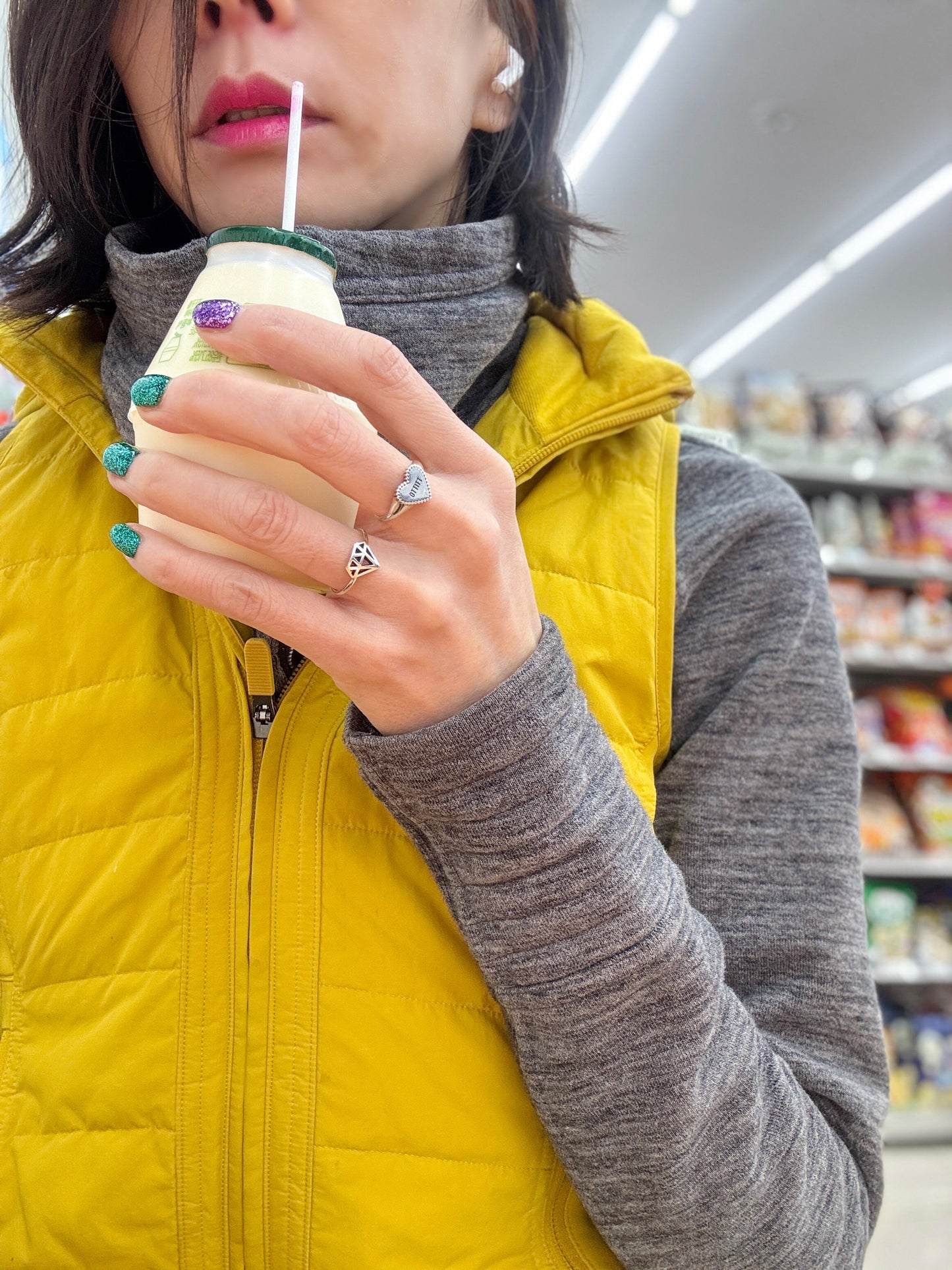 Diamond Cut-Out Ring worn with drink - Casual Korean street style jewelry photography
