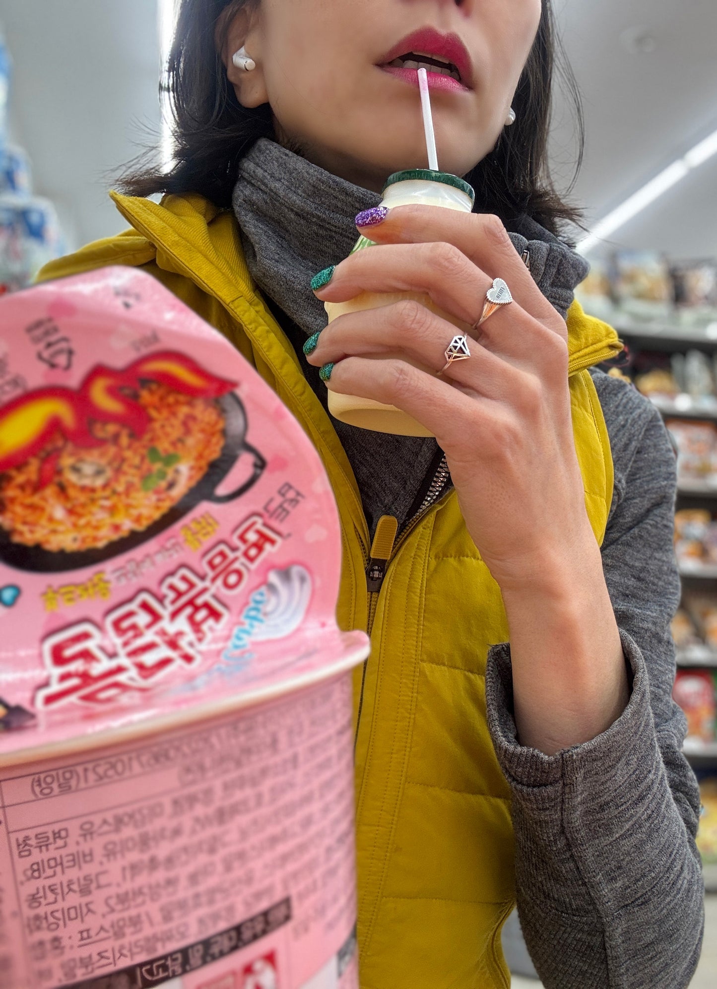 Geometric Silver Ring with Buldak Spicy Noodles - Korean lifestyle product photography showing ring on hand