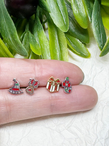 Christmas Mini Barbell Stud Earrings – Tree, Candy Cane, Gift, Rudolph – Handmade in Korea