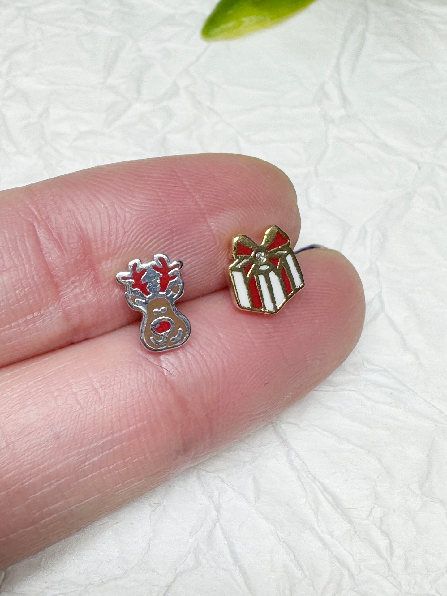 Christmas Mini Barbell Stud Earrings – Tree, Candy Cane, Gift, Rudolph – Handmade in Korea