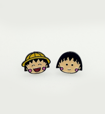 Chibi Maruko-chan Mismatched Enamel Stud Earrings - 925 Silver Post | Made in Korea