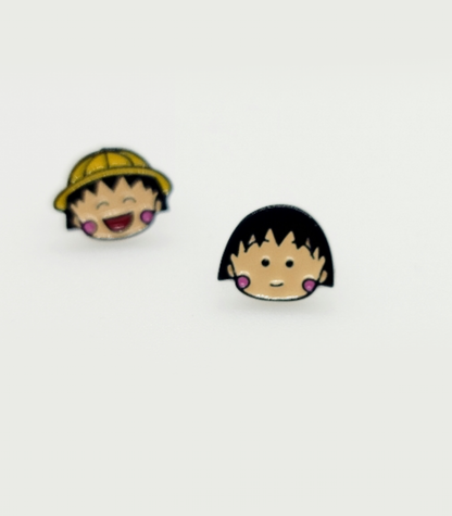 Chibi Maruko-chan Mismatched Enamel Stud Earrings - 925 Silver Post | Made in Korea