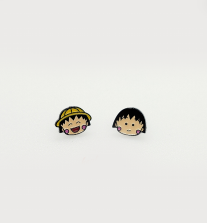 Chibi Maruko-chan Mismatched Enamel Stud Earrings - 925 Silver Post | Made in Korea
