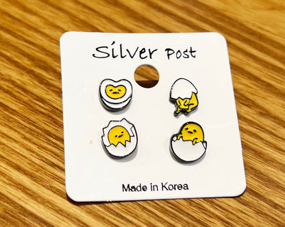 Gudetama Egg Earrings Set – 4 Pairs Silver Post Studs | 8TTITTO8