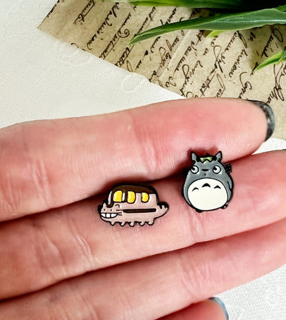 Totoro & Catbus Asymmetrical Stud Earrings | 925 Silver Post Ghibli Anime Jewelry