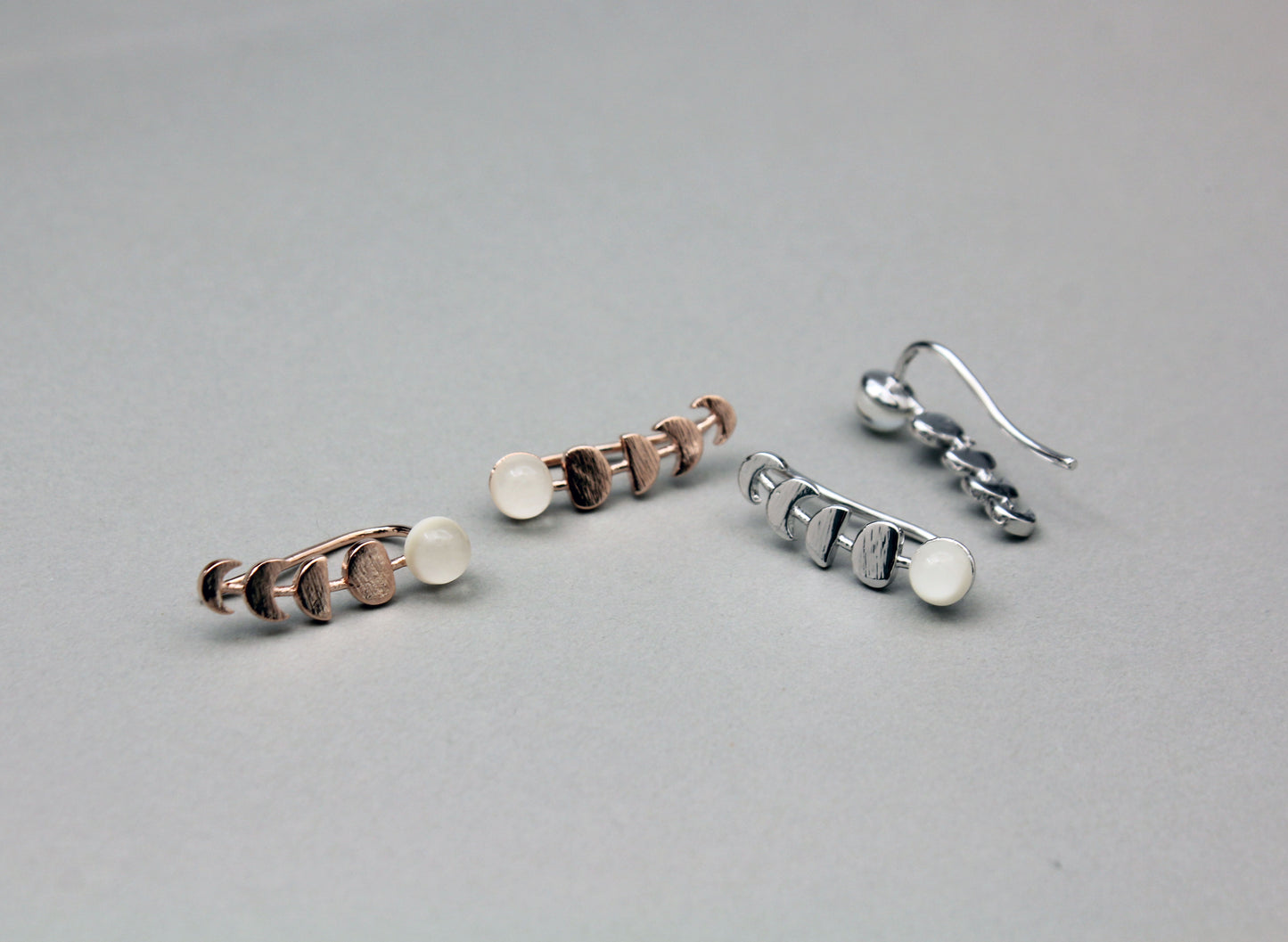 Celestial Moon Phase Ear Climbers | Gold Plated Brass & Glowing Faux Moonstone Crawlers