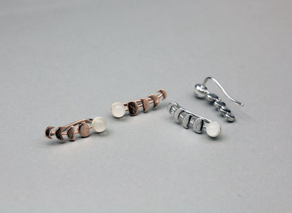 Celestial Moon Phase Ear Climbers | Gold Plated Brass & Glowing Faux Moonstone Crawlers