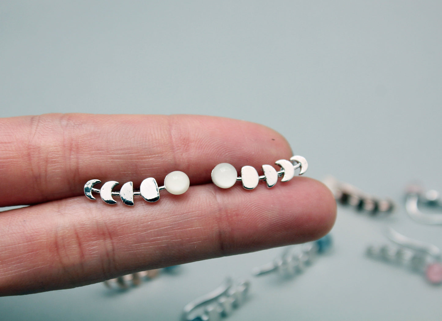 Celestial Moon Phase Ear Climbers | Gold Plated Brass & Glowing Faux Moonstone Crawlers