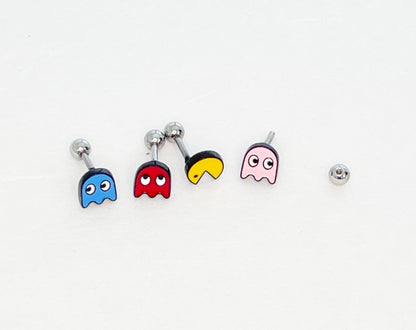 Retro Barbell Earrings with Pacman & Ghosts – Stainless Steel