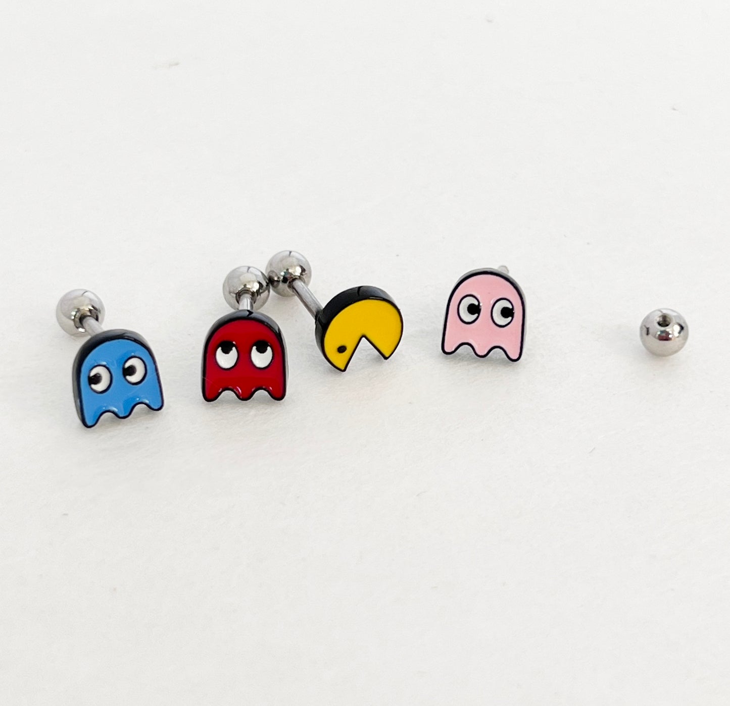 Retro Barbell Earrings with Pacman & Ghosts – Stainless Steel