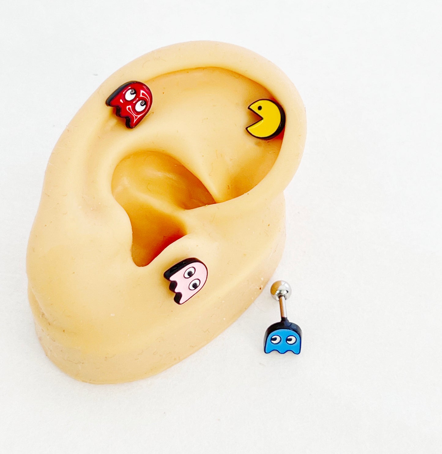 Retro Barbell Earrings with Pacman & Ghosts – Stainless Steel