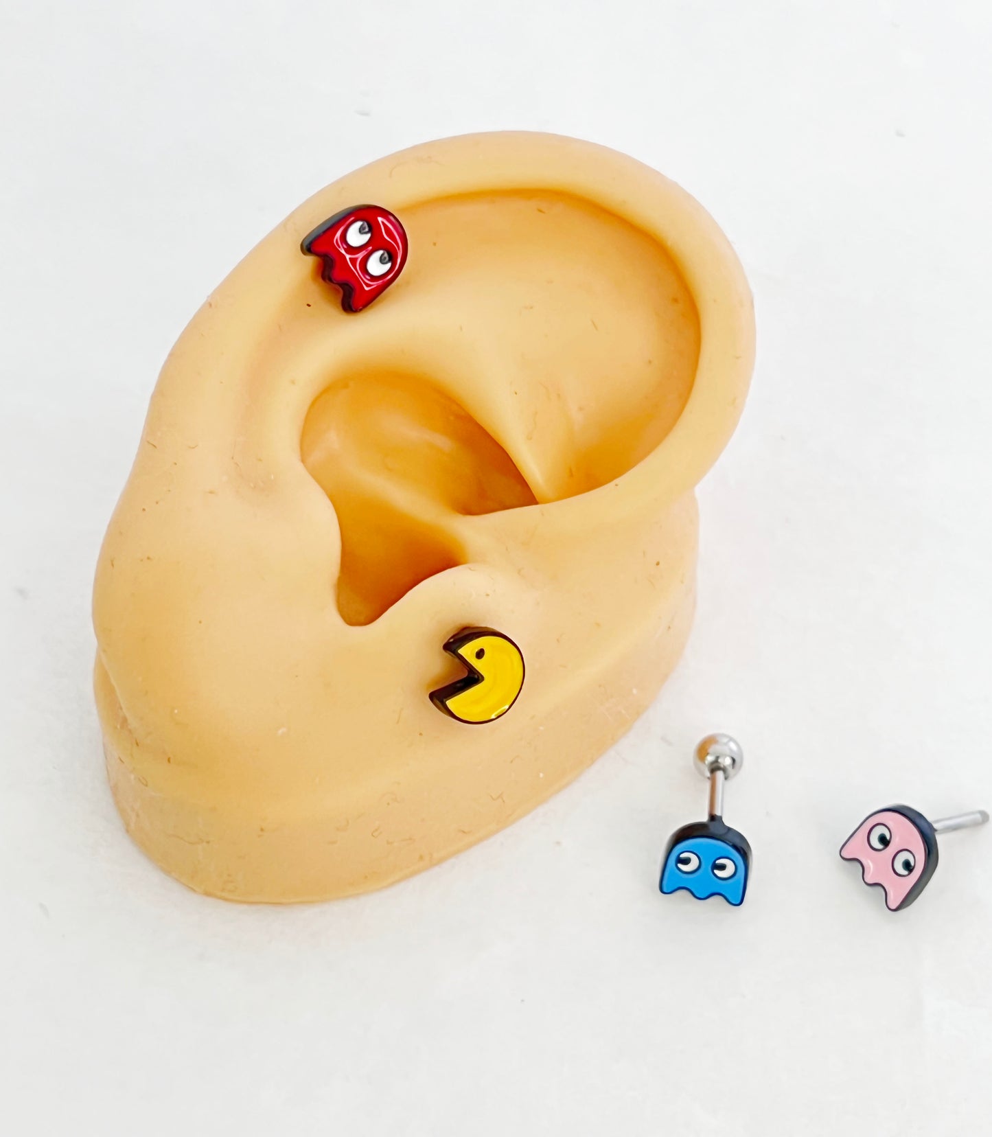 Retro Barbell Earrings with Pacman & Ghosts – Stainless Steel
