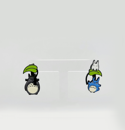 Ghibli inspired Totoro earring detail with green leaf