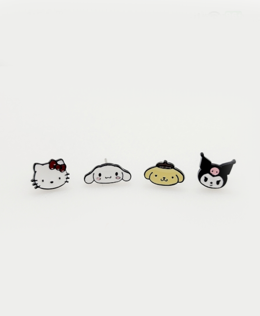 Sanrio-Inspired 4pc Silver Post Earring Set – Kuromi, Hello Kitty, Cinnamoroll & Pompompurin | Handmade in Korea