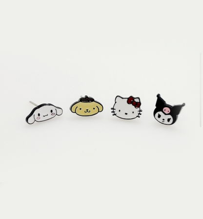 Sanrio-Inspired 4pc Silver Post Earring Set – Kuromi, Hello Kitty, Cinnamoroll & Pompompurin | Handmade in Korea