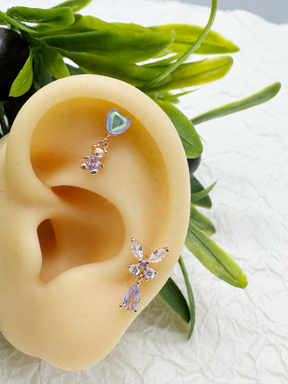 Iridescent Heart Bear Dangle Barbell – Kawaii Cartilage Piercing | Single
