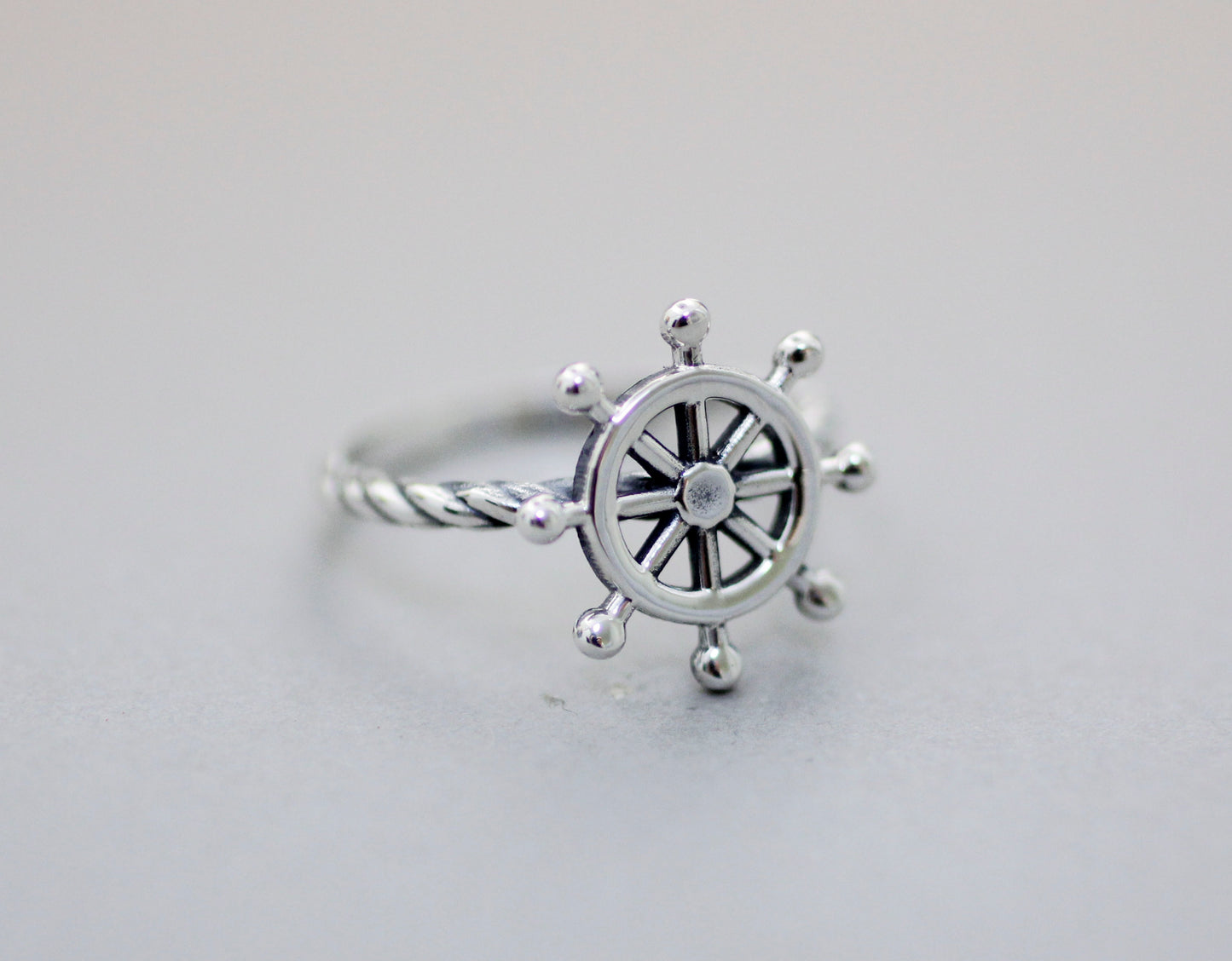 Sterling silver nautical steering wheel ring detail