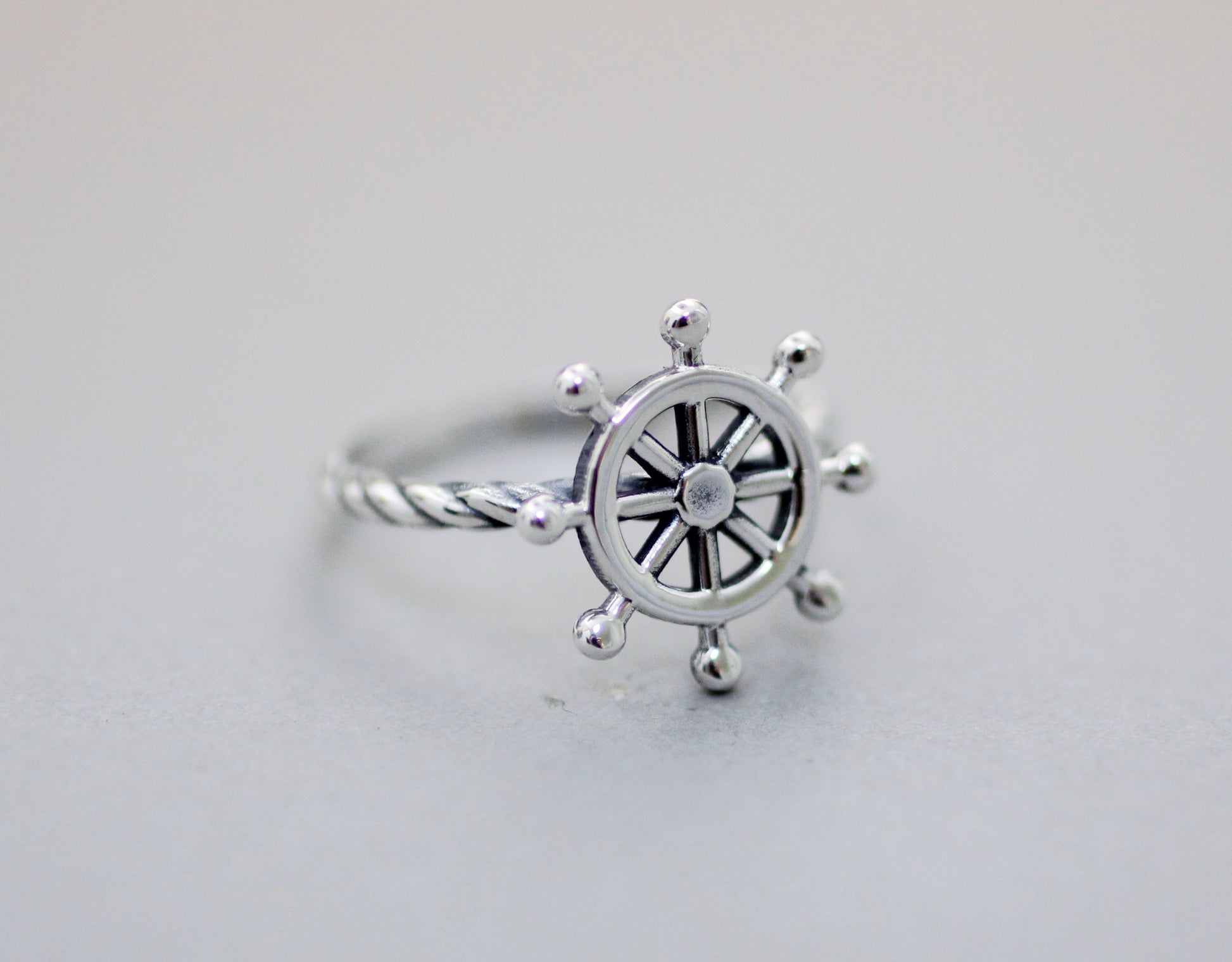 Sterling silver nautical steering wheel ring detail