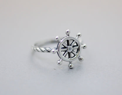 Sterling silver nautical steering wheel ring detail